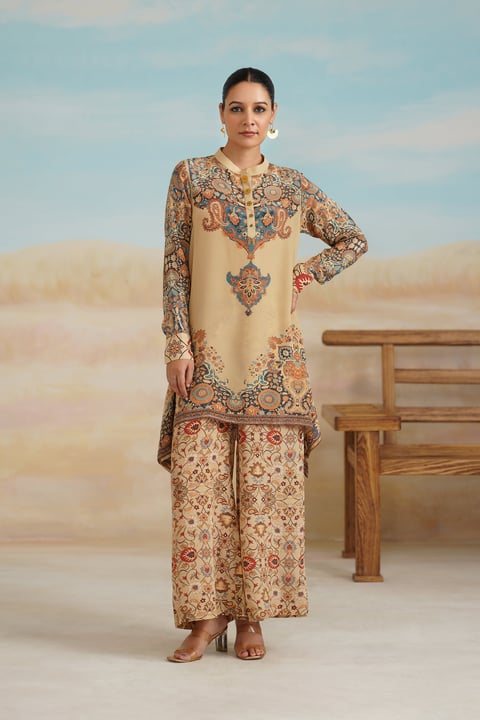 Beige Printed Tunic and Palazzo Co-ord Set