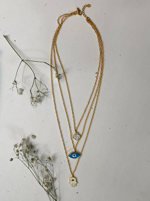 Multi Layer Neckchain - Hamsa, Clover, Evil Eye