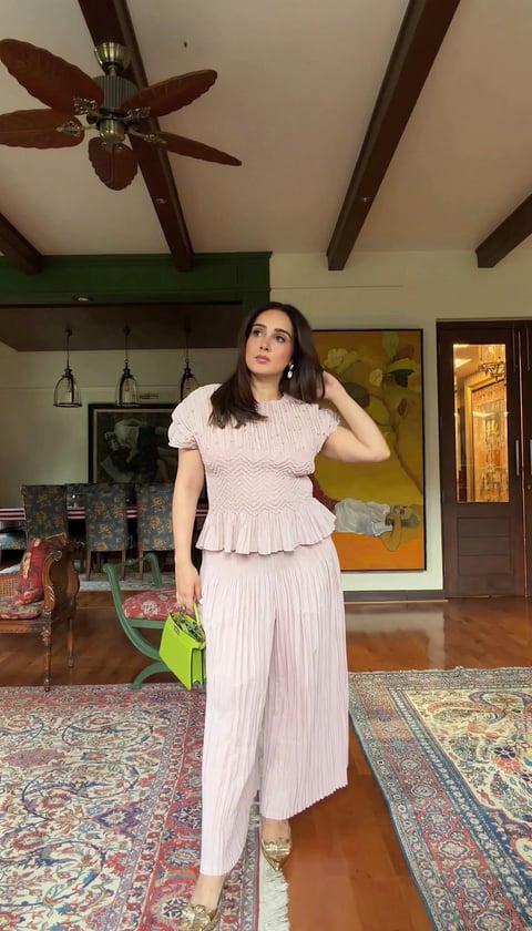 Pink Pleated Peplum Top and Wide-Leg Pants Co-ord Set