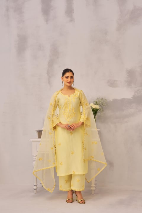 Lime Yellow Chanderi Silk Embroidered Suit Set