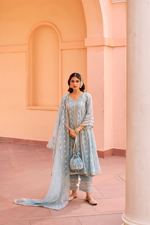 Blue Organza Anarkali Kurta Set with Dupatta