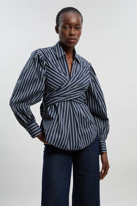 Navy Pinstripe Wrap Shirt with Back Bow Tie