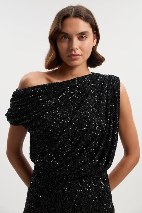 Draped One Shoulder Jersey Stretch Sequin Mini Dress