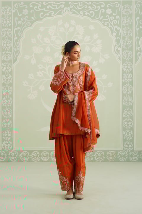 Makshi Chanderi Satin Embroidered Matching Set
