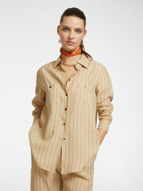 Sand Pinstripe Button-Down Shirt with Chest Pockets