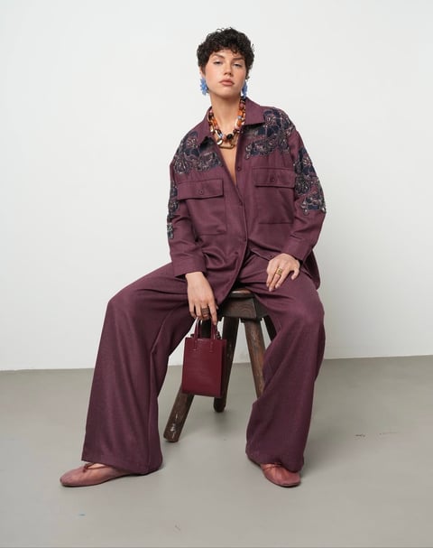 Embellished Plum Shirt With Intricate Floral Beadwork
