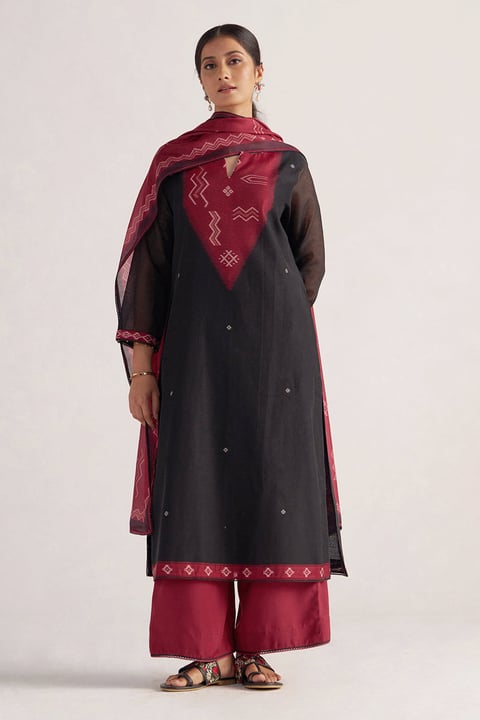 Black and Maroon Woven Kurta Set with Dupatta