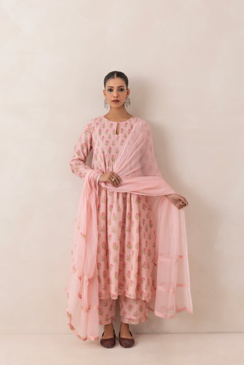 Powder Pink Floral Printed Kurta Set with Dupatta