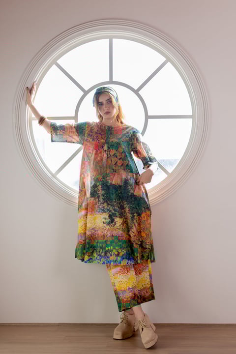 Multicolor Scenic Print Cotton Cambric Kurta Set