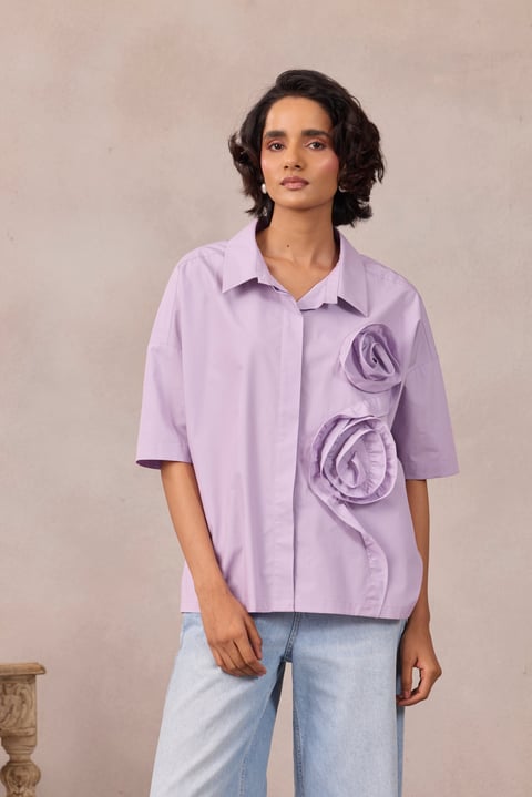 Sweet Lavender Boxy Cotton Poplin Shirt with 3D Florals