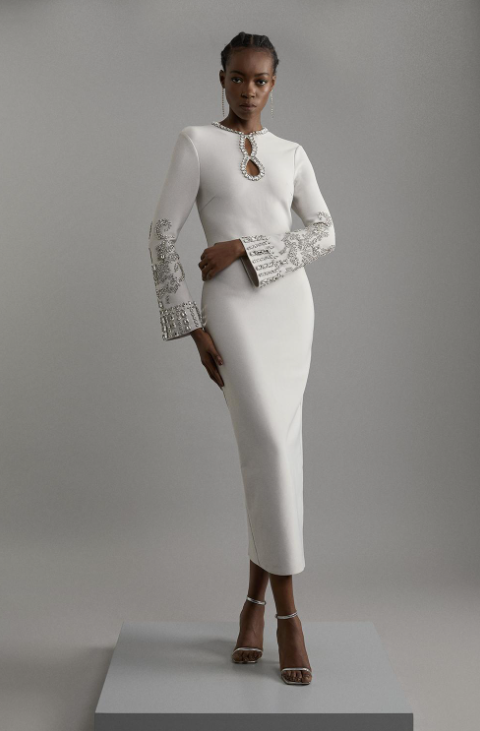 Figure Form Bandage Knit Embellished Wide Sleeve Maxi Dress