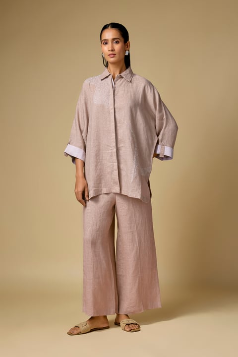 Pure Linen Pink Kantha Work Bigshirt & Pants