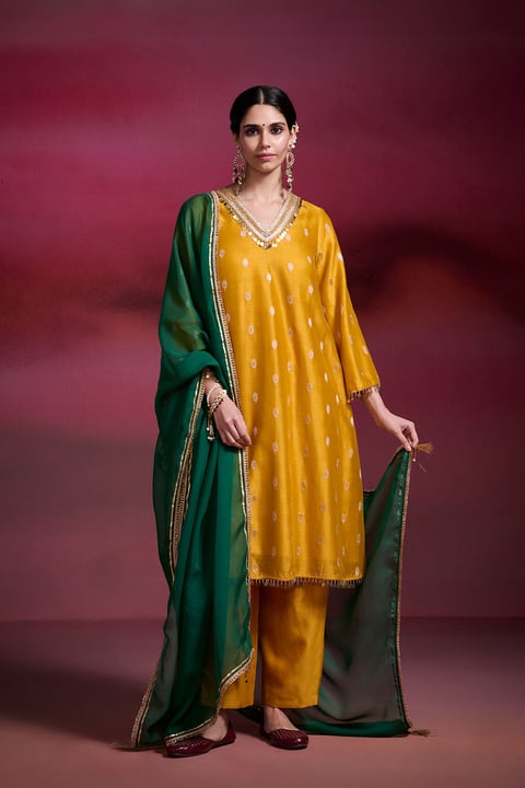 Basanti Mustard Brocade Chanderi Kurta Set