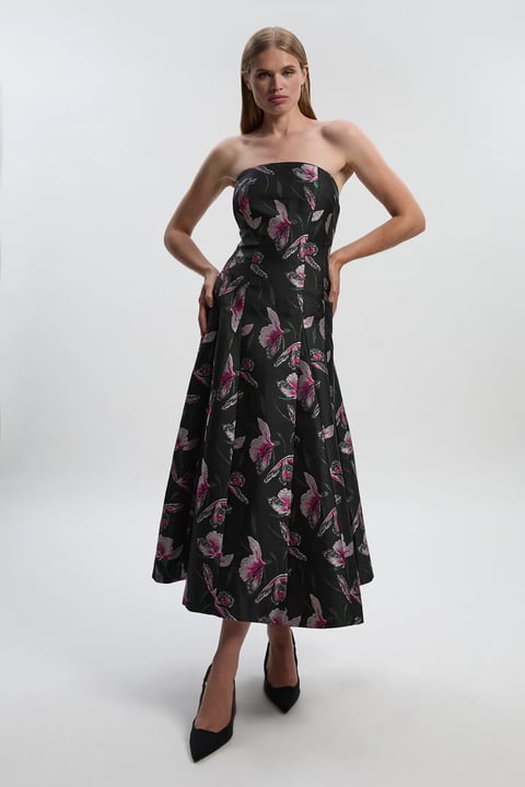 Jacquard Bandeau Full Skirted Midi Dress