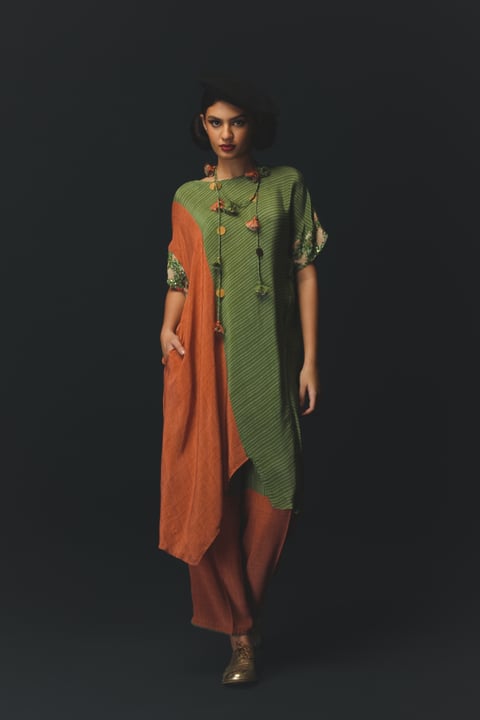 Green Colorblocked Crepe Kurta Set