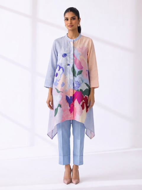 Powder Blue Printed Korean Linen Tunic and Pant Co-ord Set