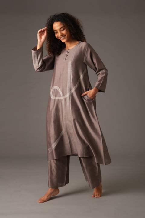 Greige Chanderi Silk Embroidered Kurta Pant Set