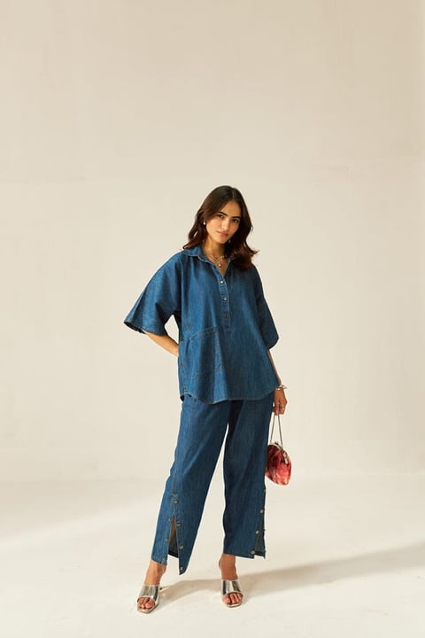 Dark Denim Oversized Shirt and Wide-Leg Pants Co-ord Set