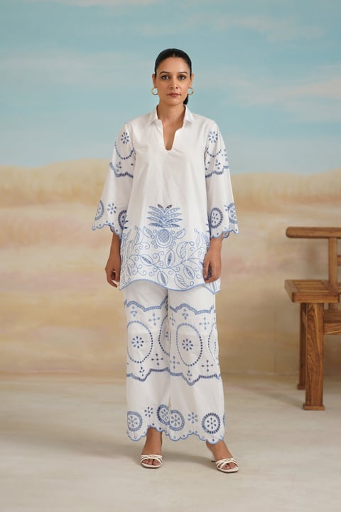 White Poplin Cotton Embroidered Co-ord Set