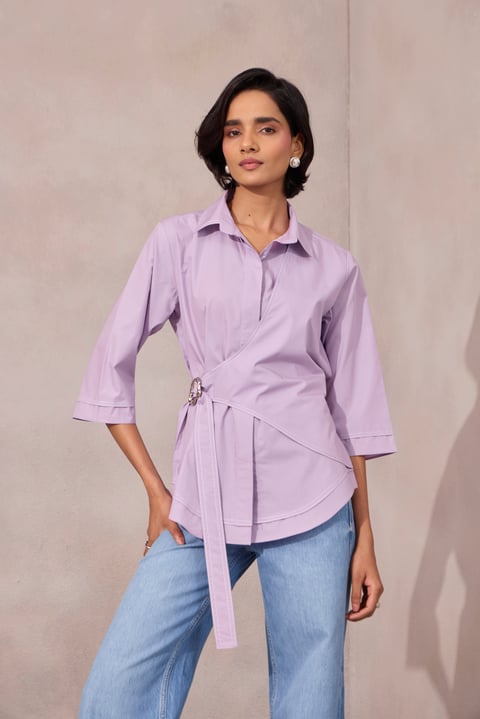 Sweet Lavender Cotton Poplin Wrap Shirt with Tie-Up