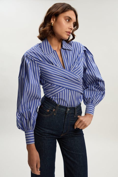 Stripe Cotton Poplin Drama Sleeve Woven Wrap Detail Blouse
