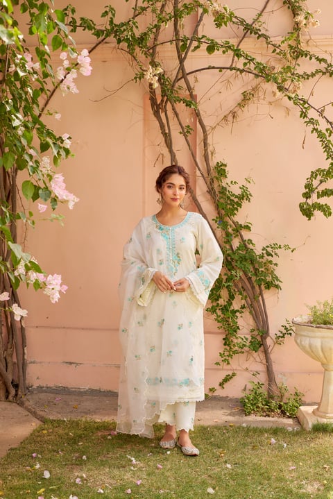 Ivory Chanderi Embroidered Straight Suit Set with Dupatta