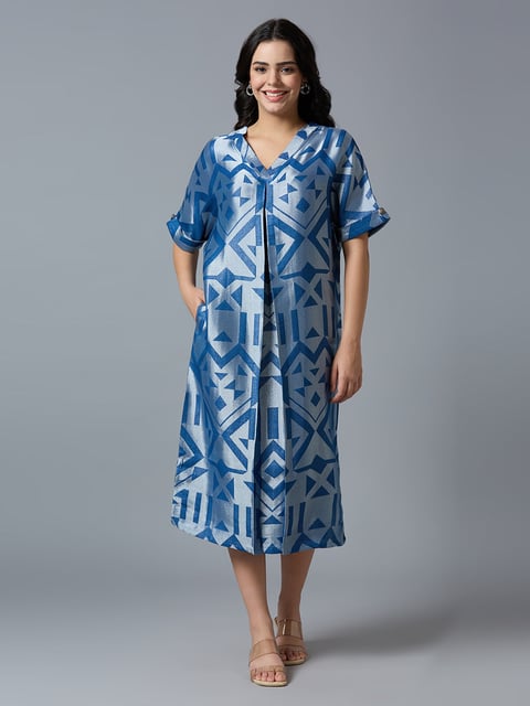 Denim Blue Silver Geometric Brocade Tunic Dress