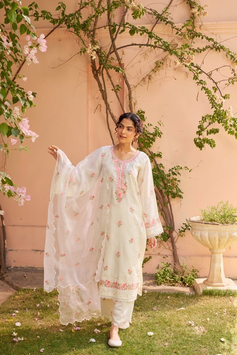 Nalini - Ivory White Chanderi Embroidered Suit Set