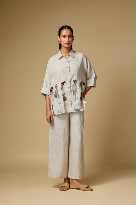 Pure Linen Beige Doodle Emb Bigshirt