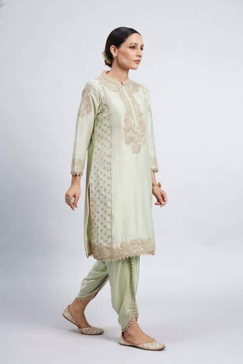 Mint Green Tilla Embroidered Kurta and Dhoti Set
