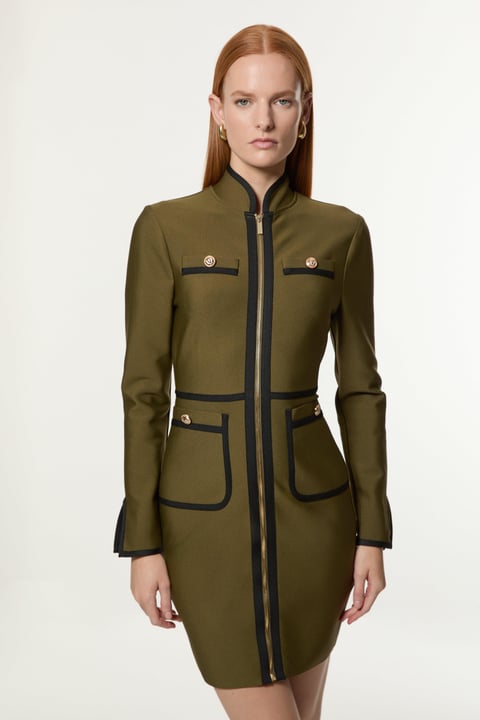 Figure Form Bandage Knit Piping Detail Military Dress