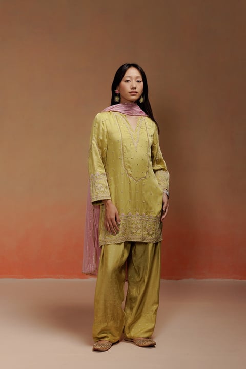 Yellow Embroidered Straight Kurta Set With Dupatta