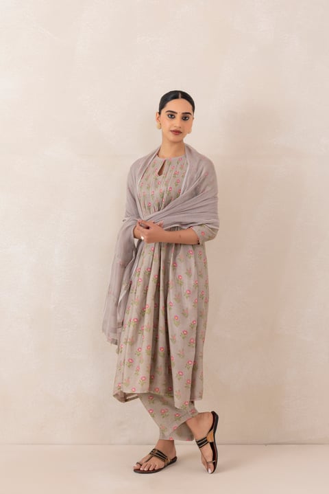 Mushroom Grey Pink Floral Chanderi Kurta Set with Dupatta