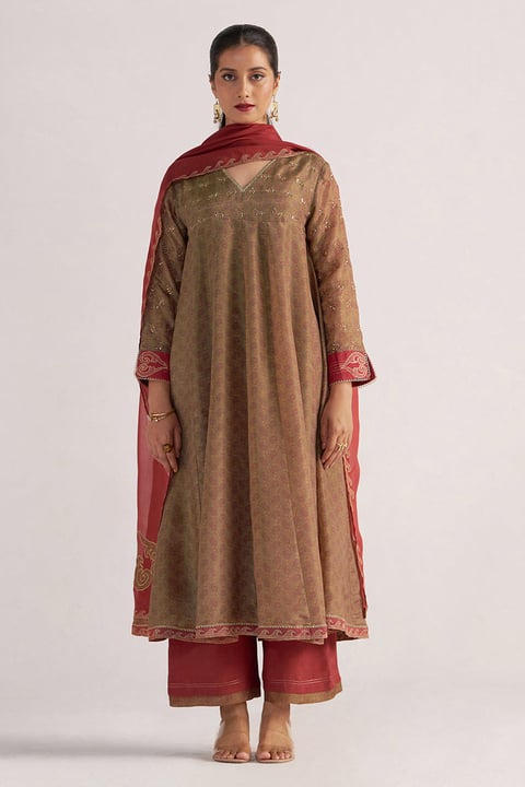 Beige and Maroon Paisley Printed Tissue Kurta Set