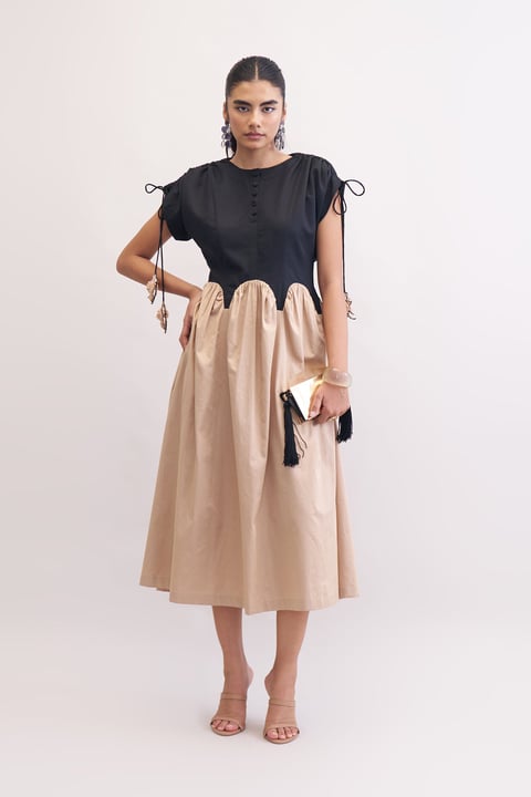 Khaki and Black Colorblock Midi Dress with Drawstring Sleeves