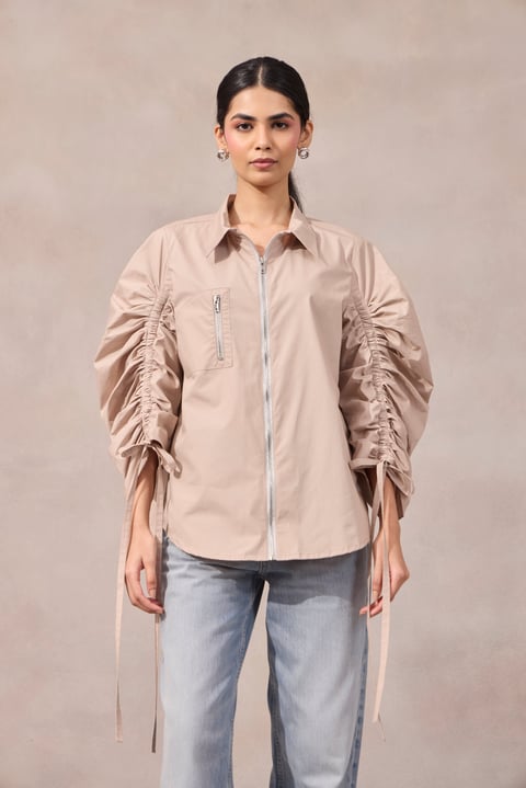 Lavender Zip-Front Shirt with Ruched Sleeves