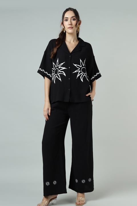 Black Sun Motif Shirt and Wide-Leg Trouser Co-ord Set