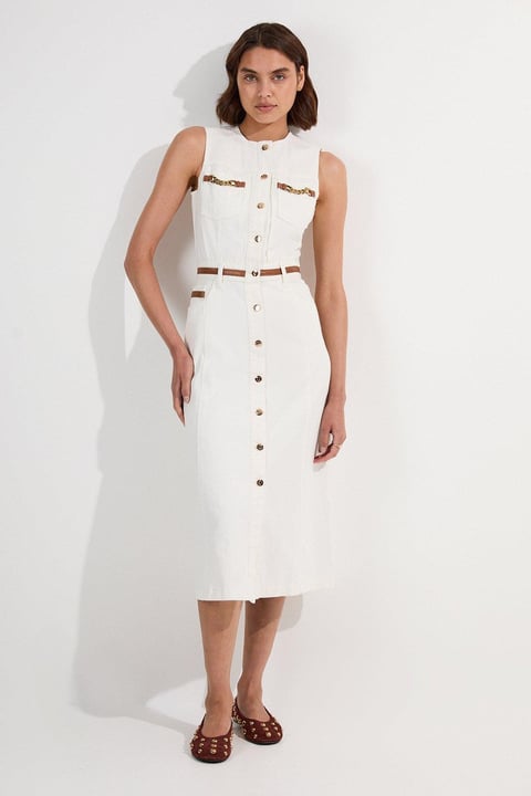 Denim & Faux Leather Tipping Sleeveless Midi Dress