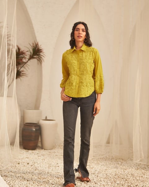 Lime Schiffli Embroidered Button-Down Shirt