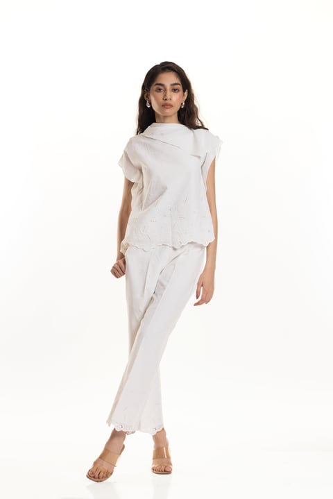 White Cotton Schiffli Drape Top with Scalloped Hem