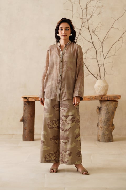 Beige Printed Shirt and Wide-Leg Pants Co-ord Set