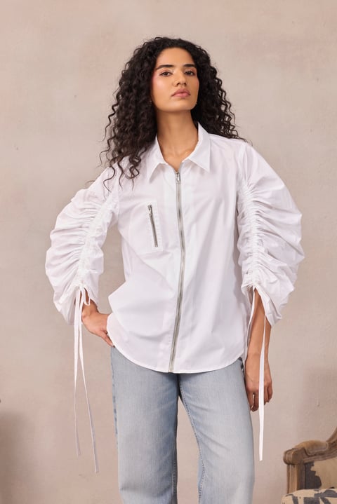 Lavender Ruched Sleeve Zip-Front Shirt