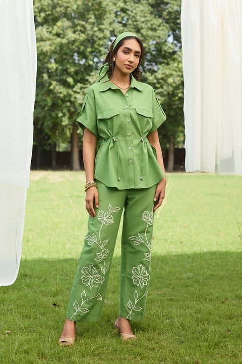 Green Linen-Cotton Embroidered Co-ord Set
