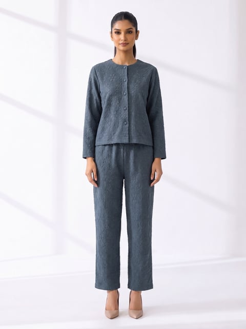 Grey Textured Co-ord Set with Button-Front Top
