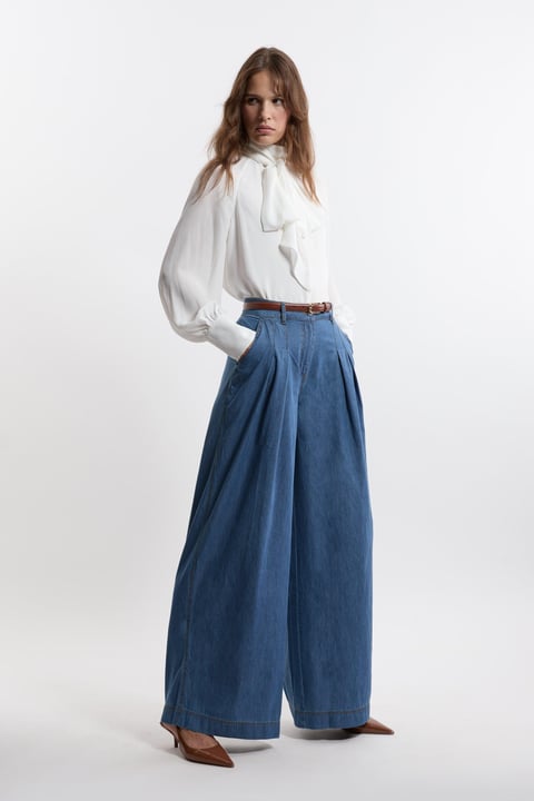 Tailored Chambray Denim Straight Leg Pleated Trousers