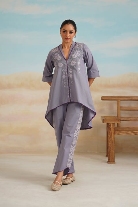 Greyish Mauve Cotton Linen Embroidered Co-ord Set