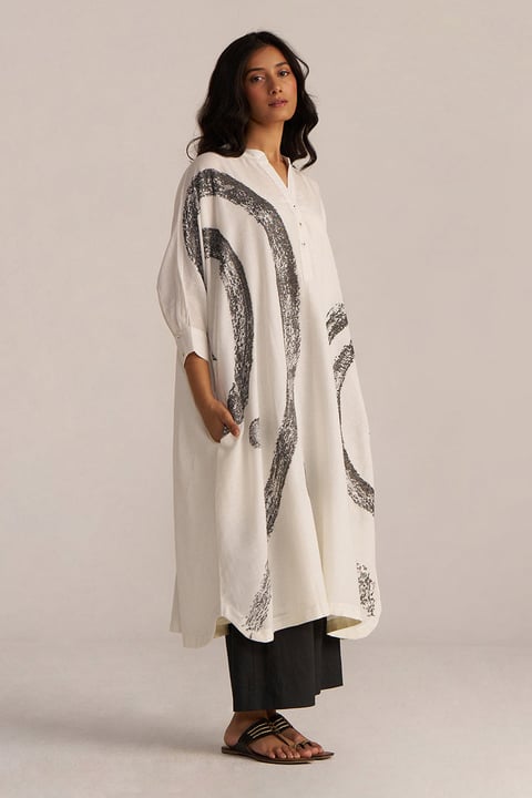 Off-White and Black Abstract Woven Co-ord Set