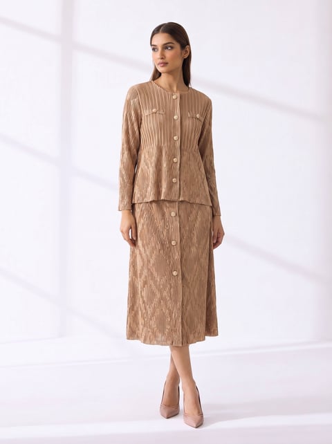 Beige Pleated Top and Midi Skirt Co-ord Set