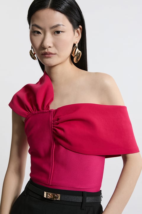 Figure Form Bandage Knit Asymmetric Strap Top