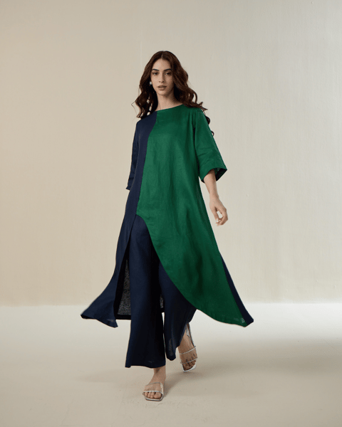 Blue and Green Colorblocked Linen Co-ord Set